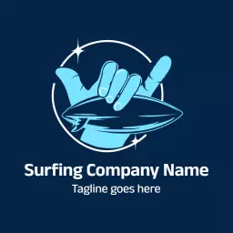 Stylish Blue Surfboard with a Hang Loose Gesture Logo Template