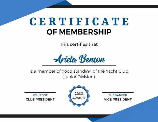 Stylish Blue Yacht Club Membership Certificate Template