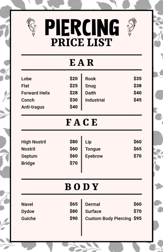 Stylish Body and Facial Piercing Selections Price List Template
