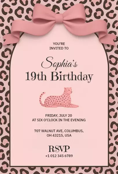 Stylish Cheetah Print 19th Birthday Celebration Invitation Template