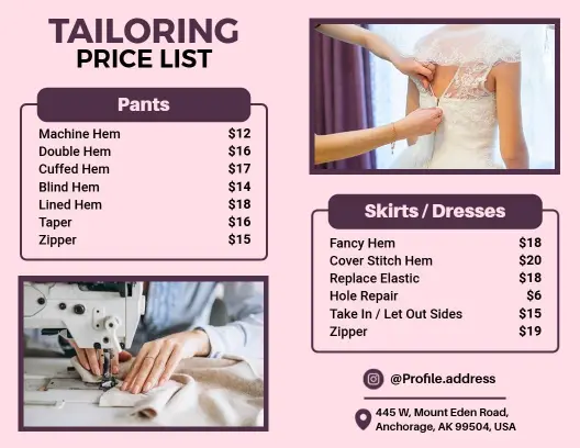 Stylish Dress and Pant Tailoring Price List Template