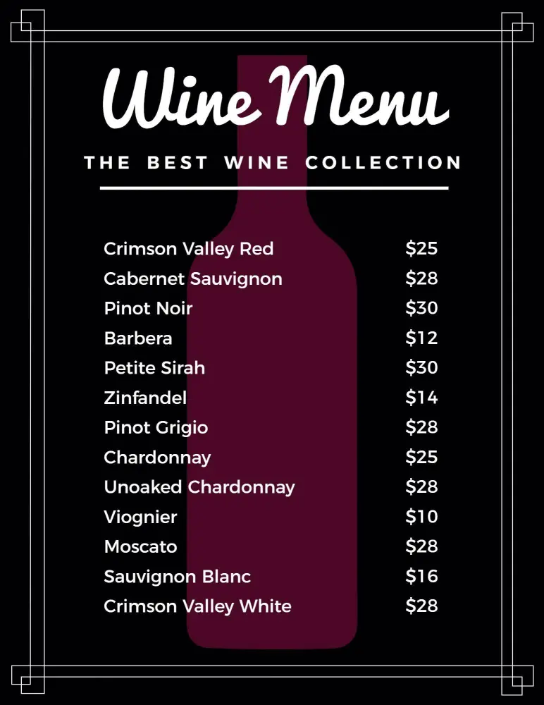 Stylish Maroon and Black Themed Wine Menu Template