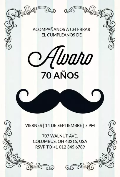 Stylish Mustache 70th Birthday Celebration Invitation Template