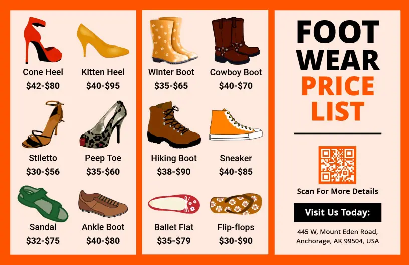 Stylish Orange Theme Footwear Price List Template