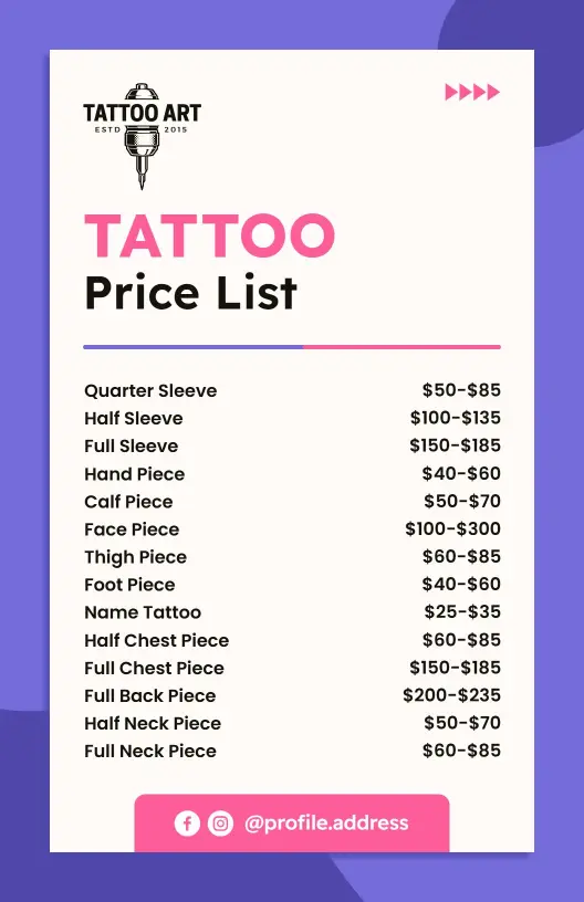 Stylish Purple and White Tattoo Service Price List Template