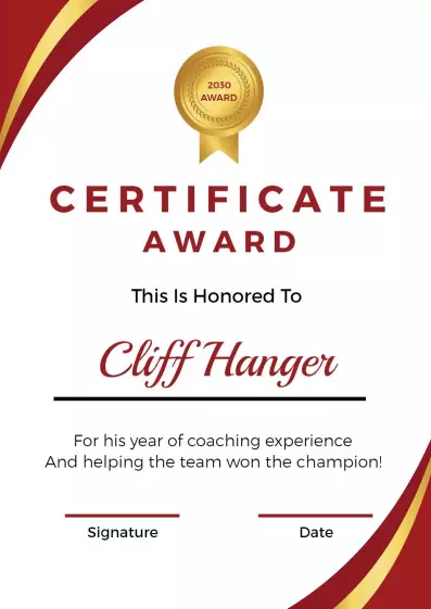 Stylish Red and Gold Coaching Achievement Award Certificate Template