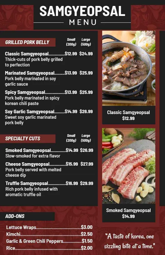 Stylish Red Illustrated Grilled Pork Samgyeopsal Menu Template