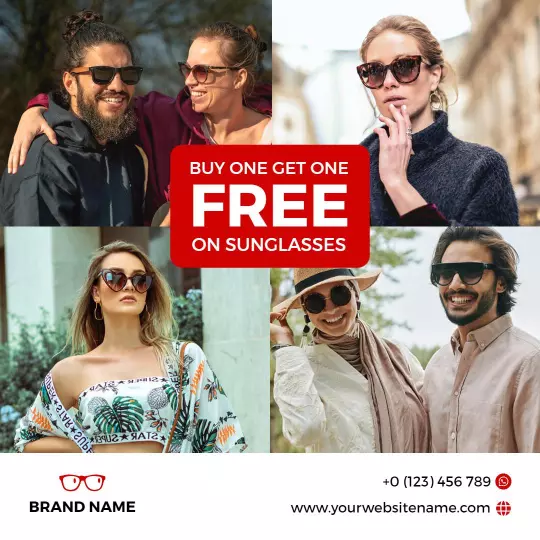 Stylish Sunglasses Promotion with Buy One Get One Free Offer Ad Template