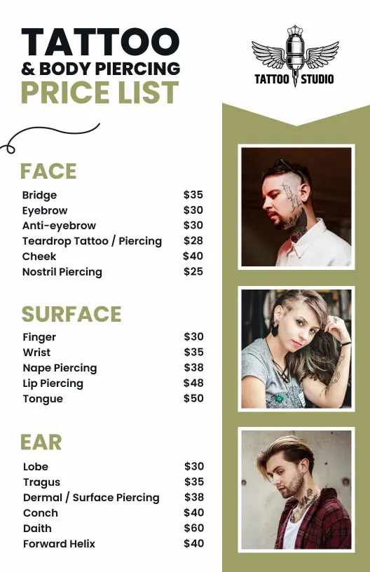 Stylish Tattoo and Piercing Service Price List Template