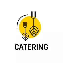 Stylish Yellow Catering Logo Featuring Forks and Leaves Logo Template