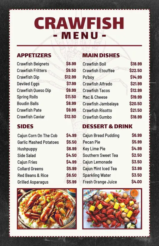 Succulent Crawfish and Spicy Cajun Delights Seafood Menu Template