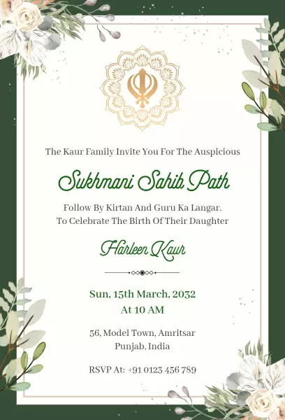 Sukhmani Sahib Path Birth Celebration Ceremony Invitation Template