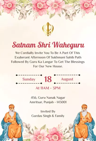 Sukhmani Sahib Path New House Blessings Ceremony Invitation Template