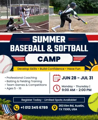 Summer Baseball and Softball Camp Promotional Flyer Template