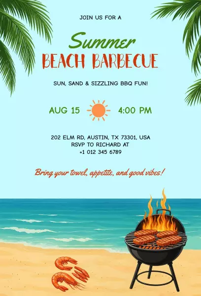 Summer Beach Barbecue BBQ Party Invitation Template