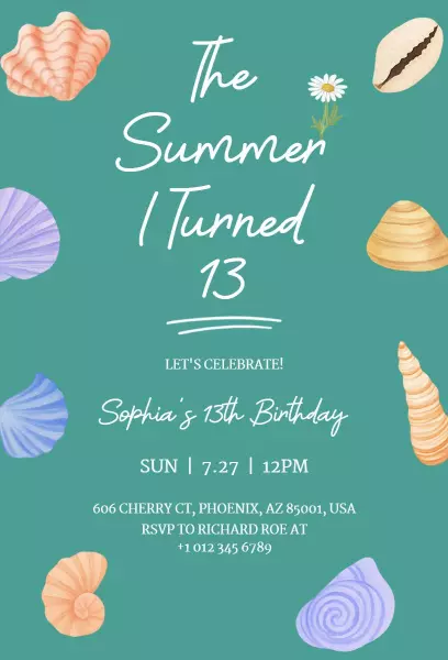 Summer Beach Shells Colorful 13th Birthday Invitation Template