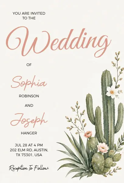 Summer Desert Cactus Wedding Invitation Template