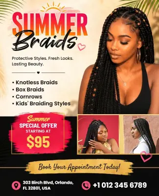 Summer Hair Braiding Services Flyer Template