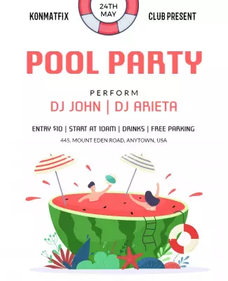 Colorful Fun Pool Party with Watermelon and Music Flyer Template