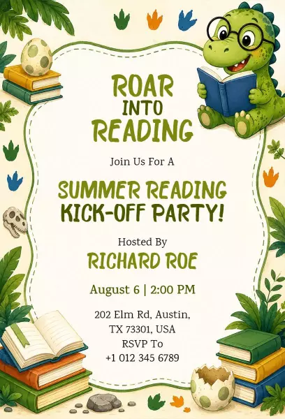 Summer Reading Kick-Off Roar Into Reading Party Invitation Template