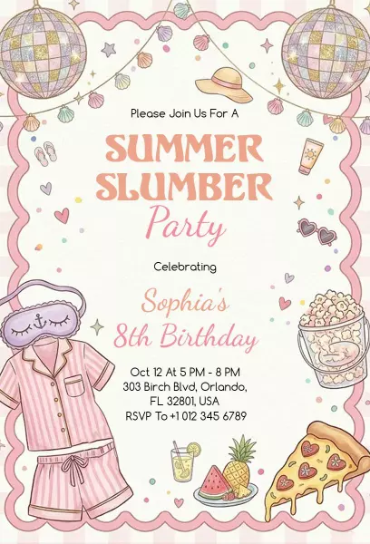 Summer Slumber Party Celebration 8th Birthday Invitation Template