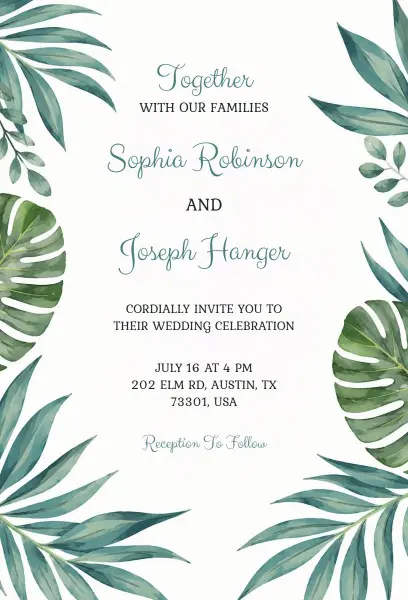 Summer Tropical Leaves Wedding Invitation Template