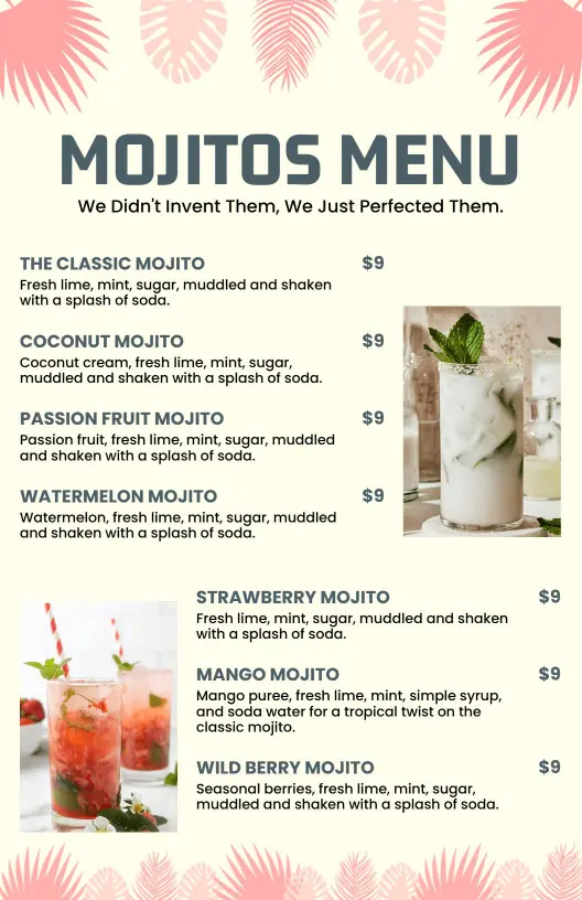 Summer Vibes Tropical Mojitos Menu Template