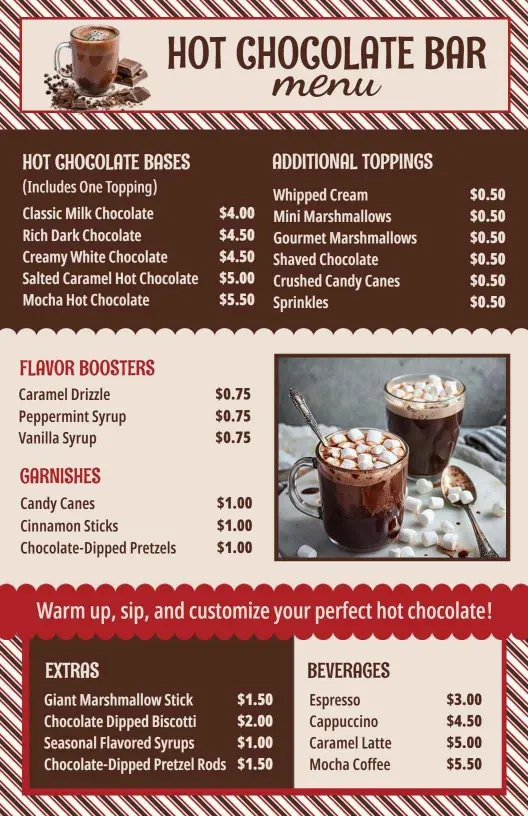 Sumptuous Hot Chocolate Varieties with Flavorful Toppings Chocolate Menu Template
