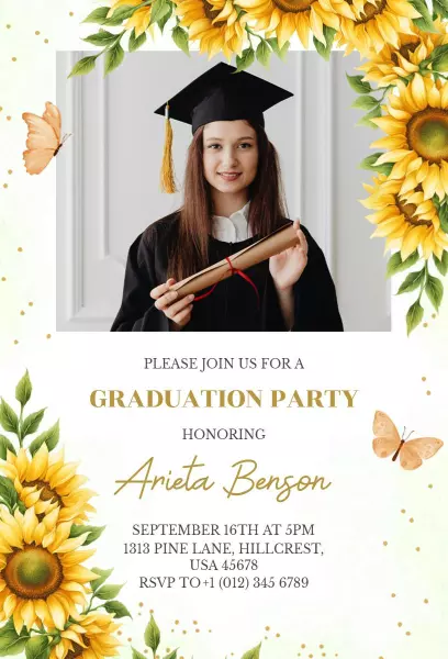 Sunflower Floral Photo Graduation Celebration Invitation Template