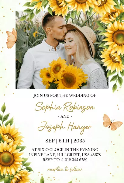 Sunflower Floral Theme Photo Wedding Invitation Template