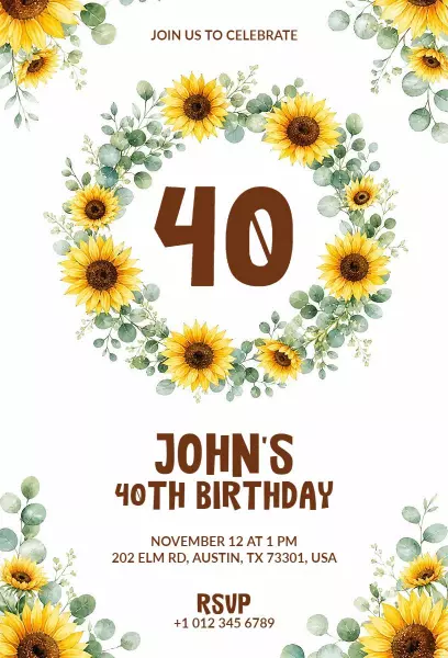 Sunflower Garden 40th Birthday Celebration Invitation Template