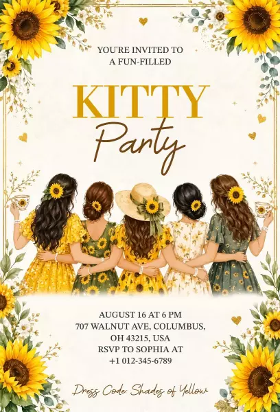 Sunflower Theme Fun-Filled Kitty Party Invitation Template