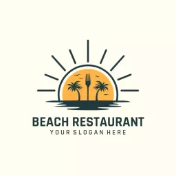 Sunny Beach Scene with Palm Trees for Restaurant Logo Template