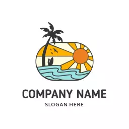 Sunny Beach Scene with Palms and Waves Illustrating Fun Logo Template