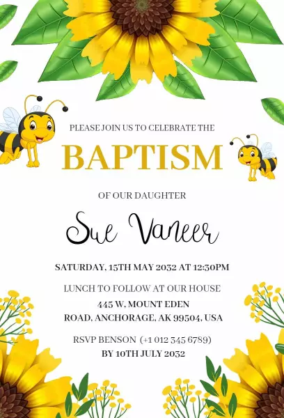 Sunny Bee Garden Themed Baptism Celebration Invitation Template