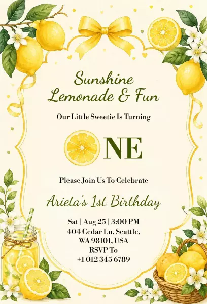 Sunny Lemonade Themed 1st Birthday Celebration Invitation Template