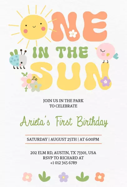 Sunny Outdoor One in the Sun 1st Birthday Invitation Template