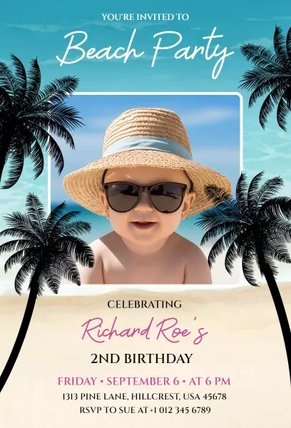 Sunny Tropical Beach Party Second Birthday Invitation Template