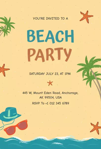 Sunny Tropical Vibes Fun Beach Party Invitation Template