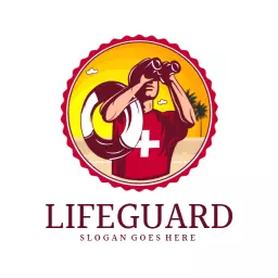 Sunset Beach Scene Featuring Lifeguard with Binoculars Logo Template