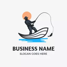 Sunset Fishing Scene with Angler Silhouette on Water Logo Template