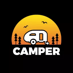 Sunset Over Mountains and Trees with Camper Logo Template
