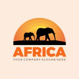 Sunset Over Silhouetted Elephants Illustrating African Wildlife Logo Template