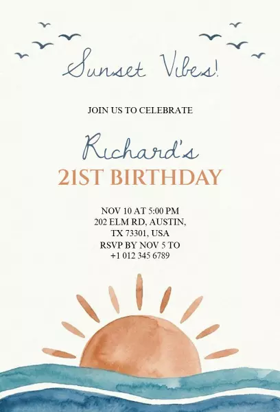 Sunset Vibes Coastal 21st Birthday Celebration Invitation Template