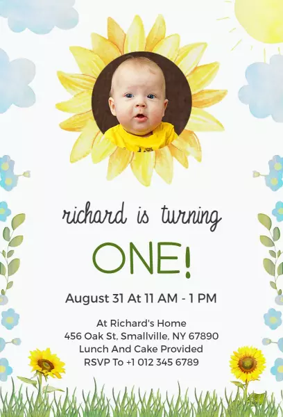 Sunshine Floral First Birthday Photo Celebration Invitation Template