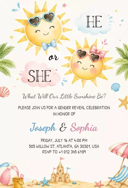Sunshine Theme Gender Reveal Celebration Invitation Template