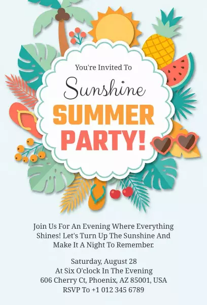 Sunshine Tropical Vibes Summer Party Invitation Template