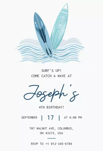 Surfboard Wave Fun Fourth Birthday Celebration Invitation Template