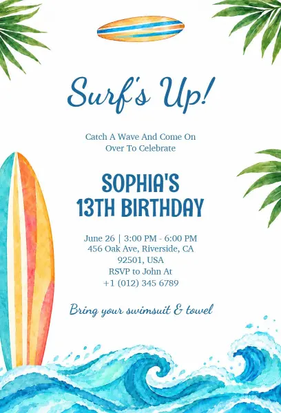 Surfing Theme Birthday Party Invitation Template