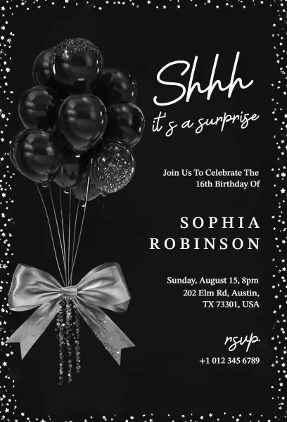 Surprise Black Balloon Elegant Sweet 16 Birthday Invitation Template